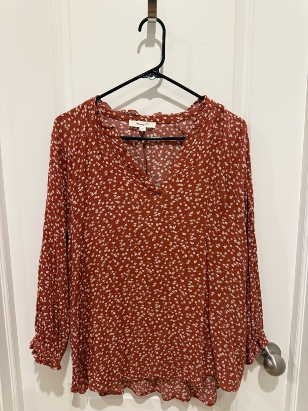 Rust Floral V-Neck Long-Sleeve Blouse